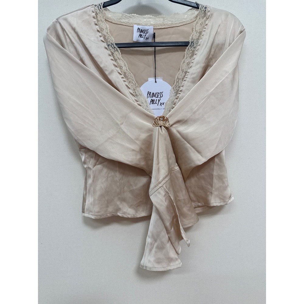 Princess Polly Champagne Satin Lace Trim Tie Front Blouse Top Beige US 4